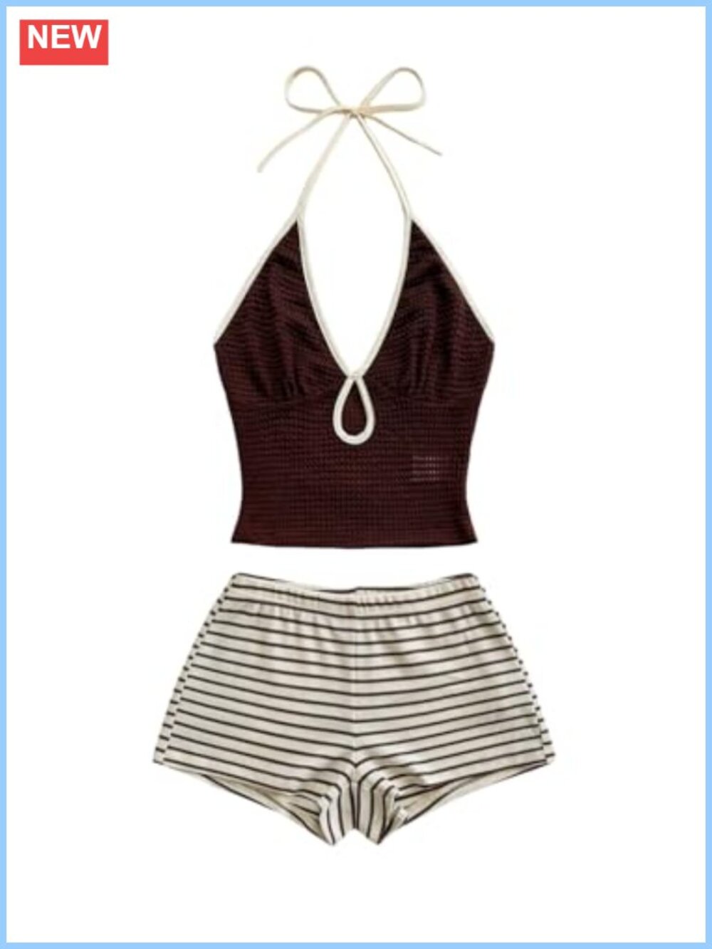 2 Piece Striped Knit Halter Crop Top & Shorts Set Going Out Outfit